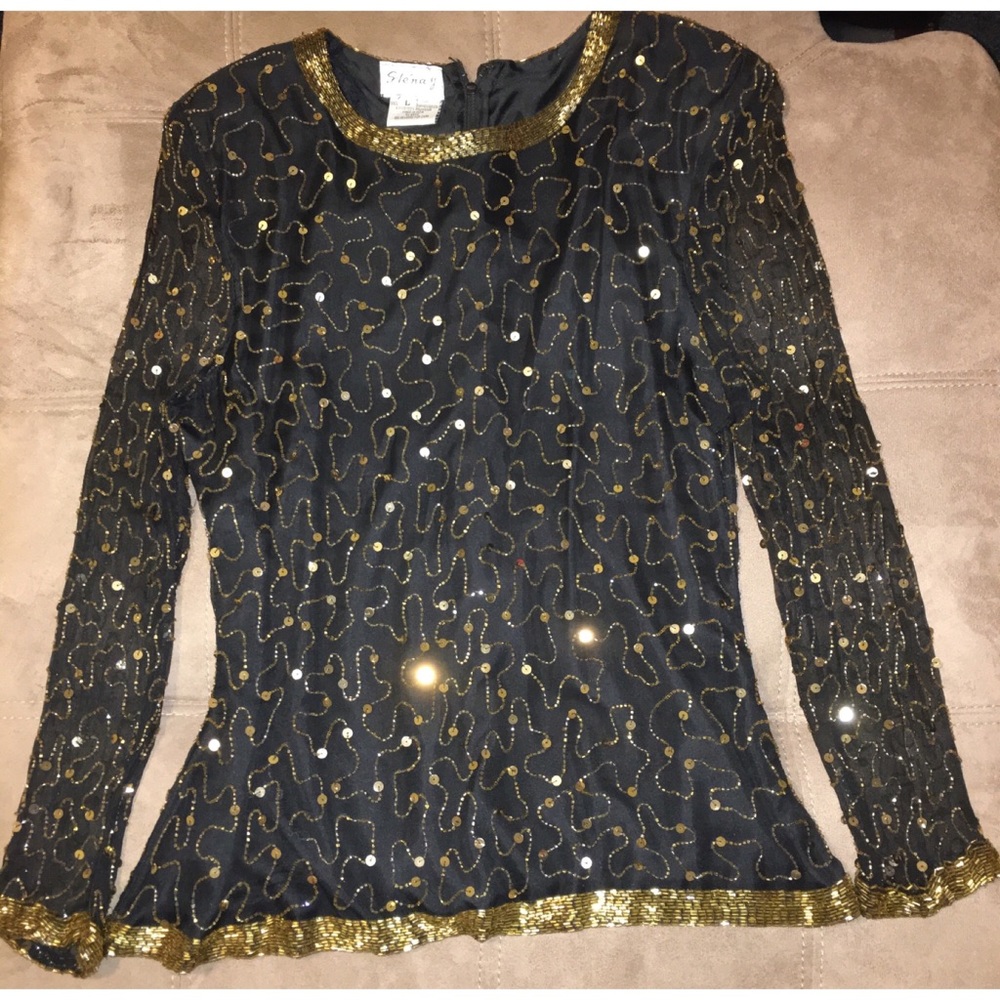 Vintage STENAY Silk Sequins Blouse L. SEE LAST PHOTO FOR WEAR AND TEAR